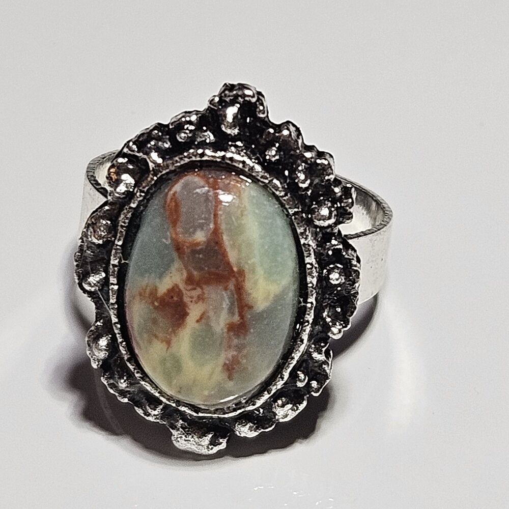 Silver Tone Blue Brown Cream Oval Rhinestone Adjustable Ring